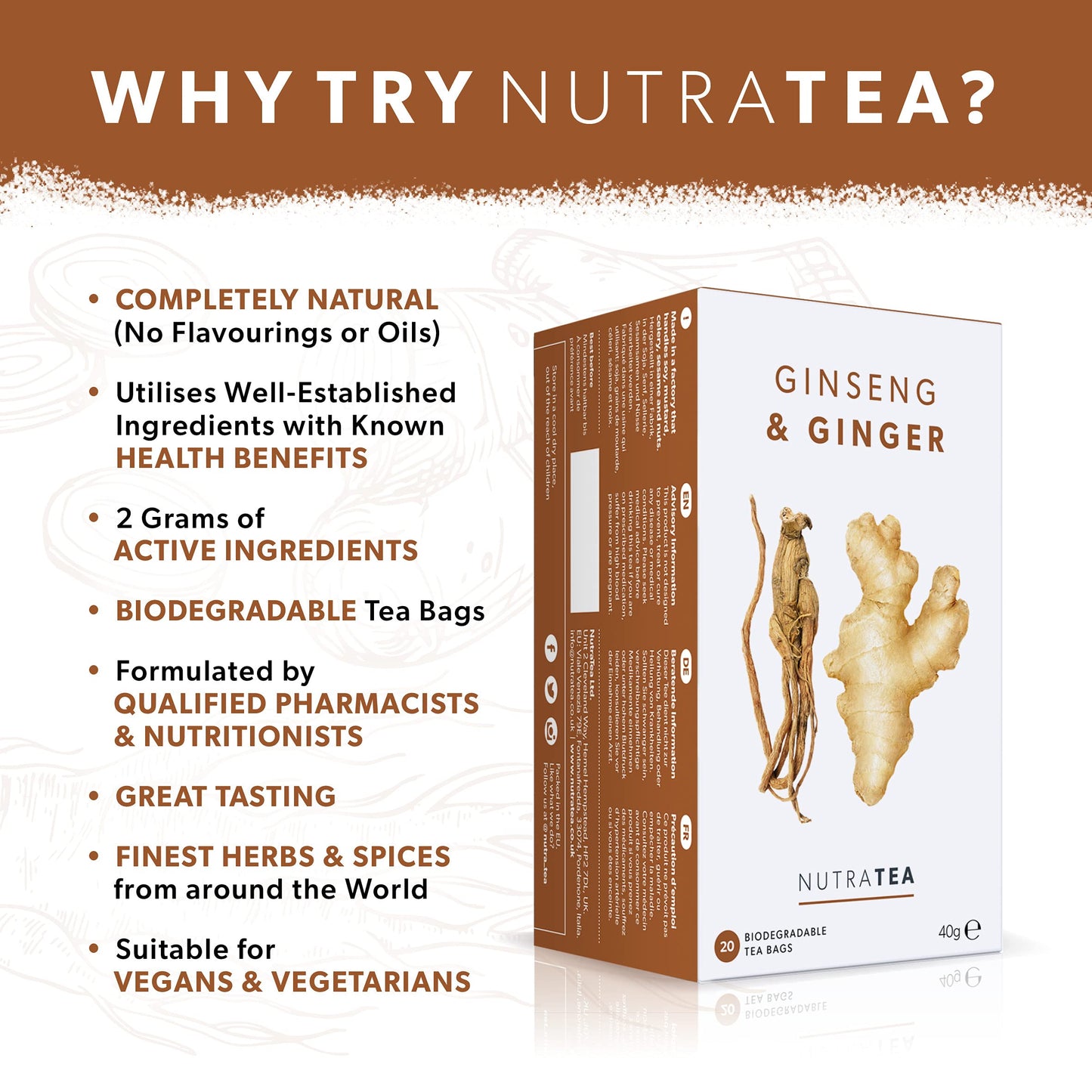Nutra Tea - Ginger & Ginseng Tea - 40 Tea Bags - Herbal Tea - (2 Pack)
