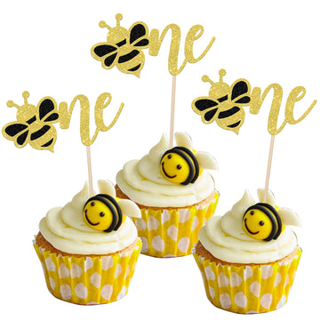 24 Pcs Bumble Bee One Cupcake Toppers Glitter 1St Birthday Party Cupcake Picks Decorations For Bee Theme Baby Shower Kids First