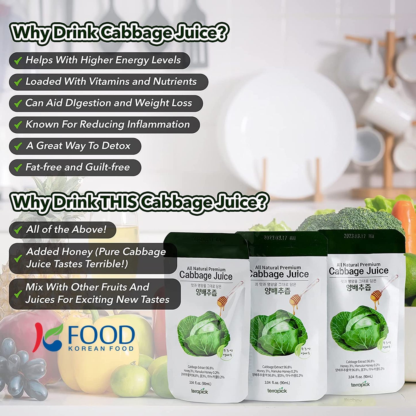 TERRAPICK Green Cabbage Juice with Manuka Honey - 30 Pouches, 3.04 fl oz Total, Natural Vegetable Superfood