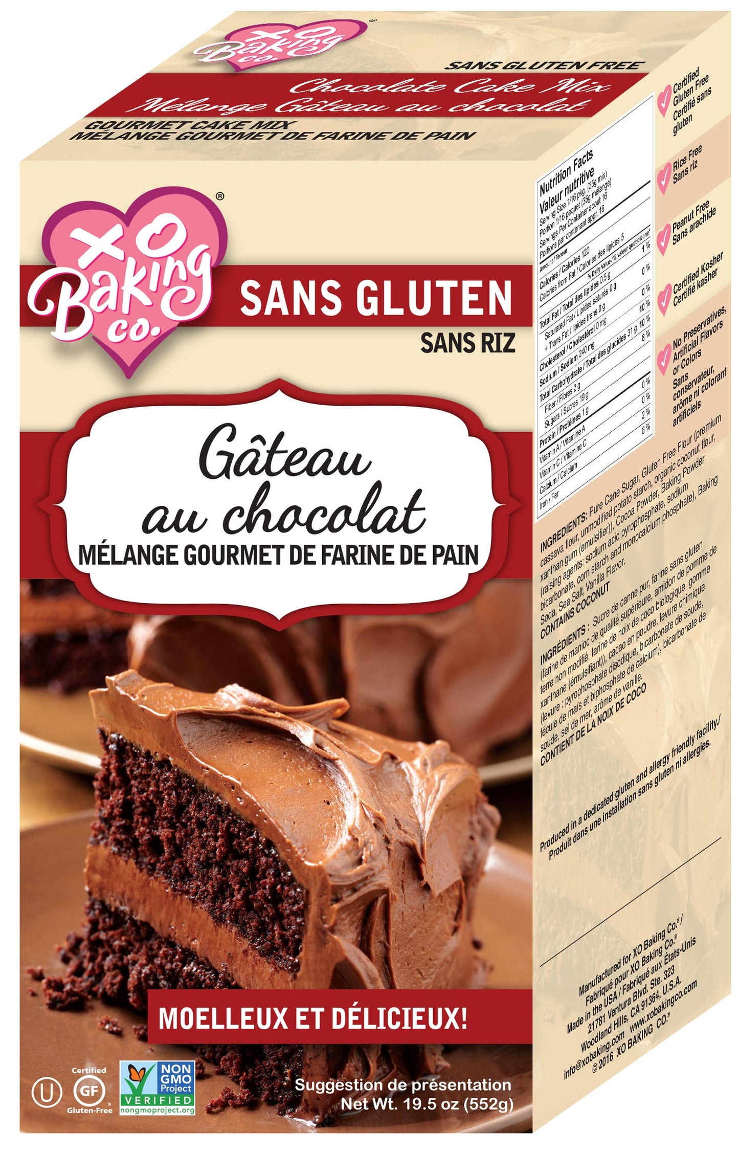 Xo Baking Co. Gluten Free Chocolate Cake Gourmet Cake Mix; Non-Gmo; Kosher; Rice Free; Soy Free; Dairy Free; Peanut Free; No Pre