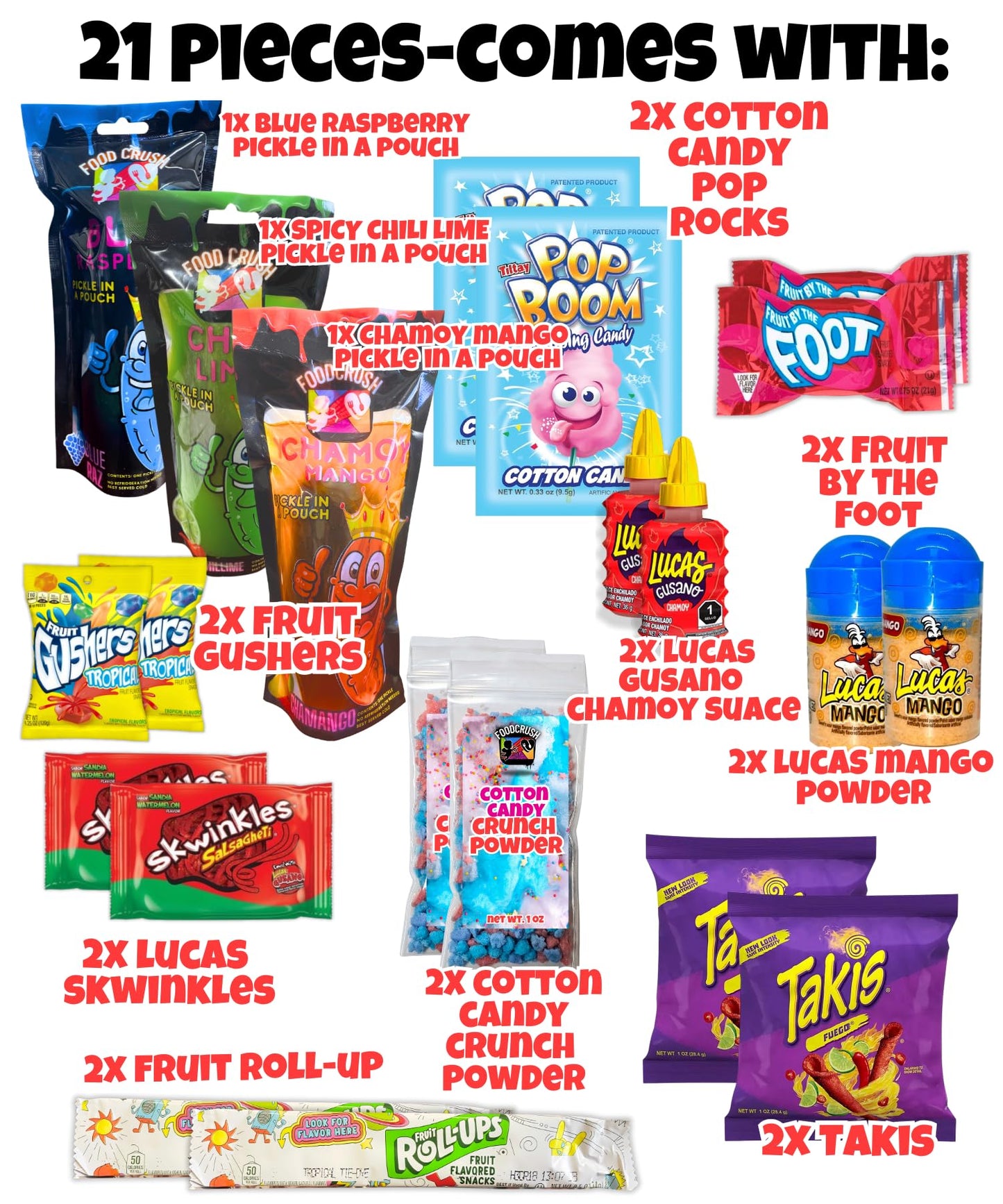 Chamoy + Cotton Candy Pickle Kit x3 Pickles (21 Pcs) Chamoy, Blue Raspberry Pickle + Extra Hot Chili Lime Pickle, Takis, Fruit B