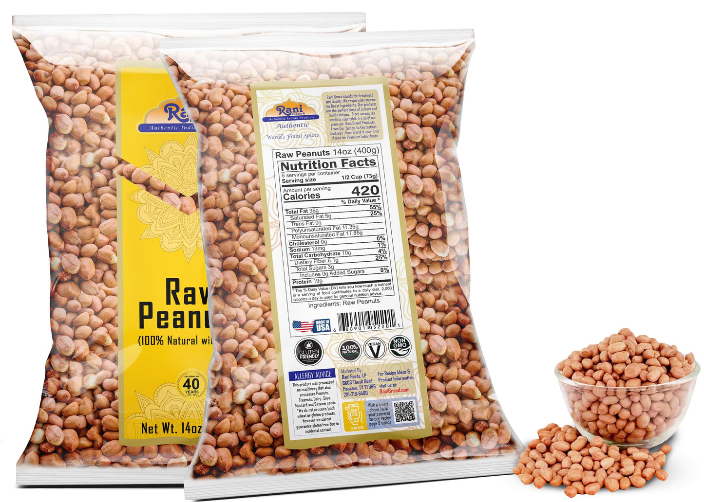 Rani Peanuts, Raw Whole With Skin (uncooked, unsalted) 14oz (400g) ~ All Natural | Vegan | Gluten Friendly | Kosher | Fresh Prod