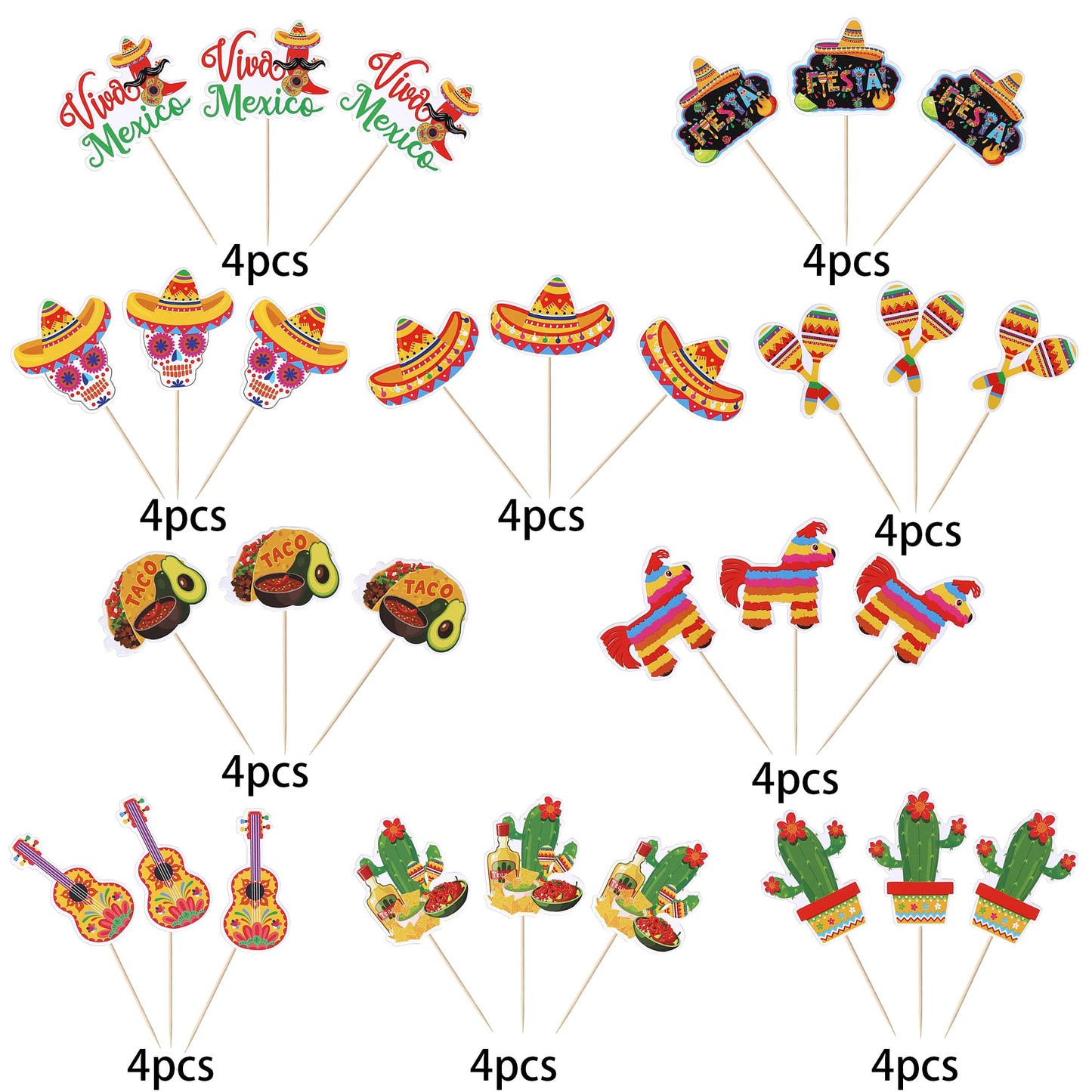 YCTHUNFISH 40 Pack Cupcake Toppers - Cactus, Donkey, Maraca, Sombrero, Pepper, Guitar - Paper - Mexican Fiesta Theme Party Decor