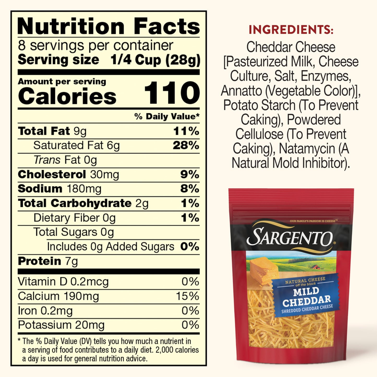 Sargento Natural Mild Cheddar Shredded Cheese, Fine Cut, 8 oz