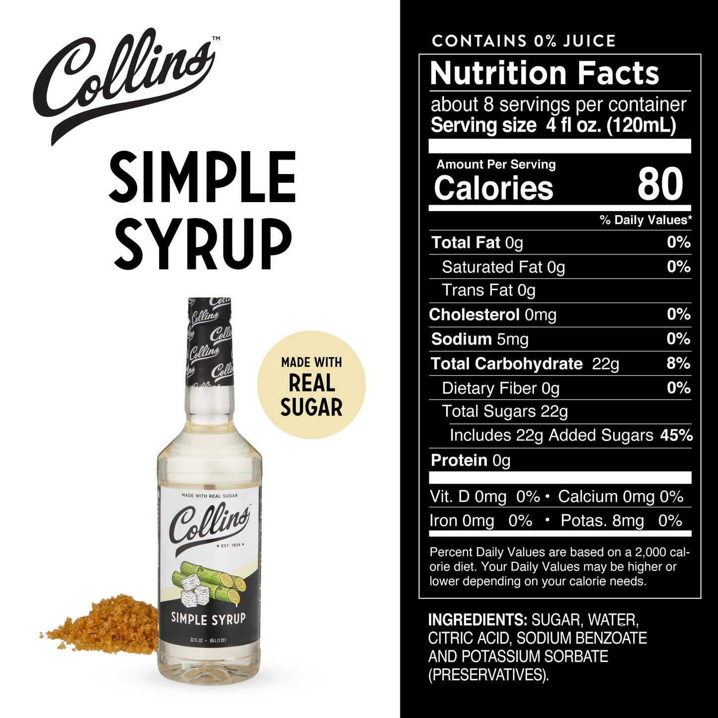 Collins Classic Simple Syrup, Real Sugar Cocktail Mixer, 32 Ounces, Set of 1