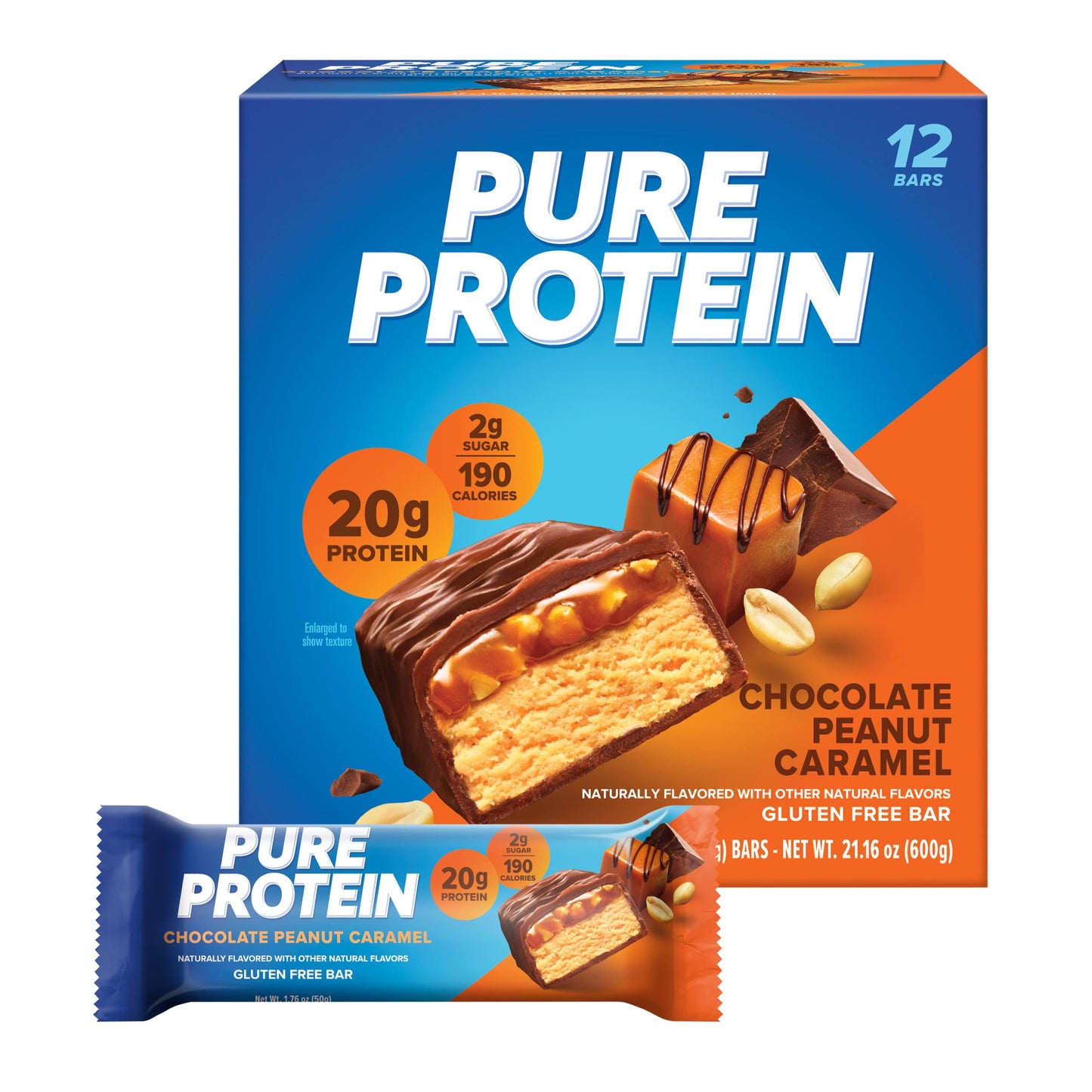 Pure Protein Bars, High Protein, Nutritious Snacks To Support Energy, Low Sugar, Gluten Free, Chocolate Peanut Caramel, 1.76Oz, 