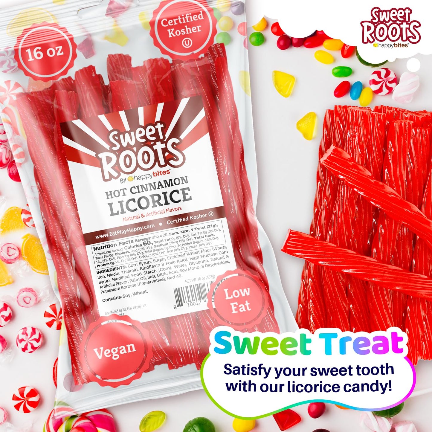 Sweet Roots Hot Cinnamon Licorice Twists (16 Oz / 1 Bag) - Jumbo Size - Certified Kosher - Vegan - Fat Free