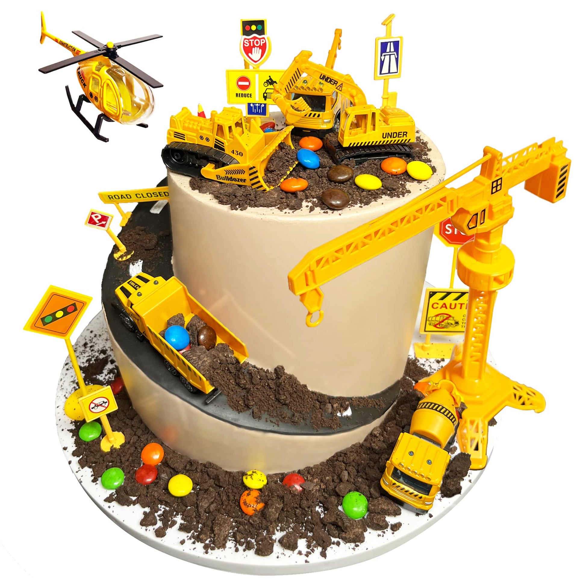 SEERMIA 21-Piece Mini Construction Vehicles Cake Decoration Set, Metal, KC-120, Truck002, Includes Trucks & Road Signs for Birthdays