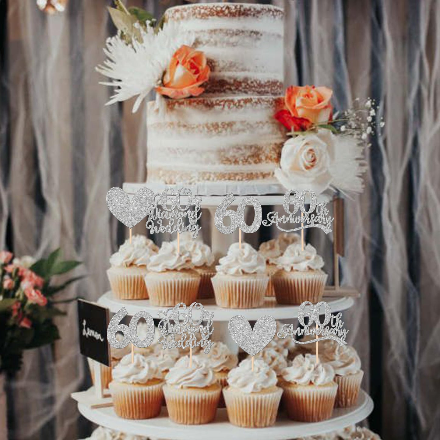 24 Pcs 60Th Anniversary Cupcake Toppers Silver Glitter Heart 60 Diamond Wedding Anniversary Cupcake Picks Cheers To 60 Years Cak