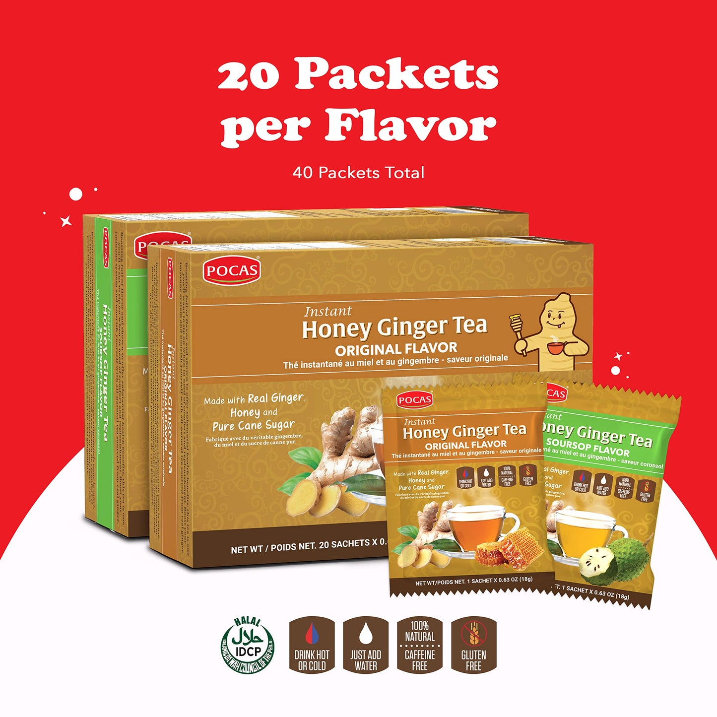 Pocas Honey Ginger Instant Tea Powder, Original & Soursop Variety 2-Pack, Ginger Extract & Real Honey, Caffeine-Free Tea, 20 Packets Per Box