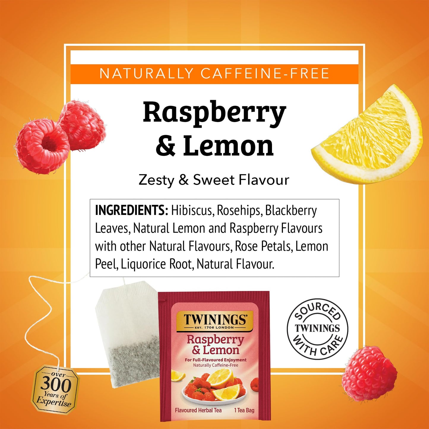 Twinings Herbal Tea Raspberry & Lemon, Caffeine-Free, 20 Count (Pack of 6)