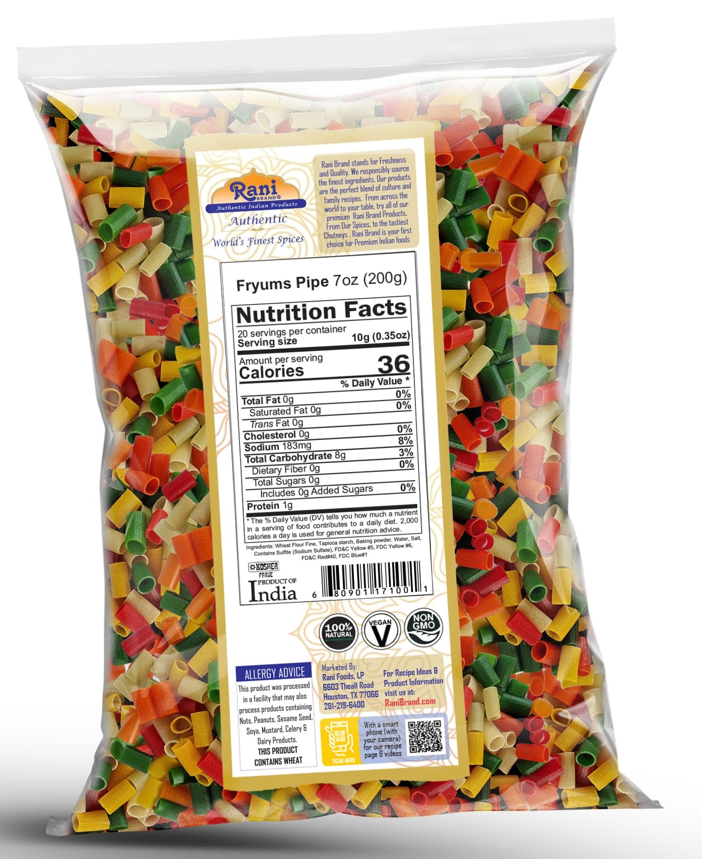 Rani Far Far Fryums - Vegan Wheat & Tapioca project pieces, Round/Pipe Shape, 7oz (200g)