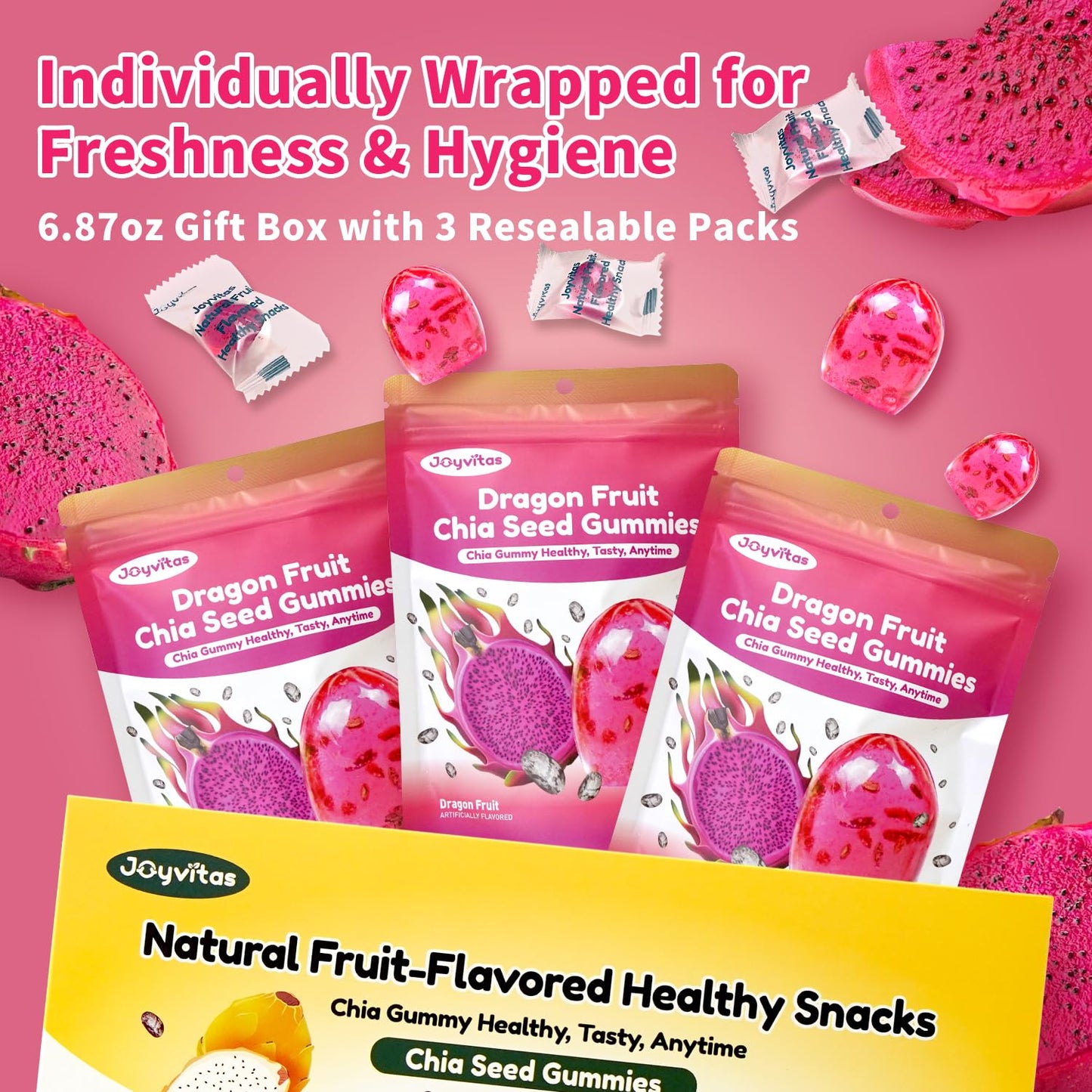 Chia Seed Gummy Candy - Red Dragon Fruit 4D Gummies, Christmas Candy Individually Wrapped, Perfect Stocking Stuffers & Christmas