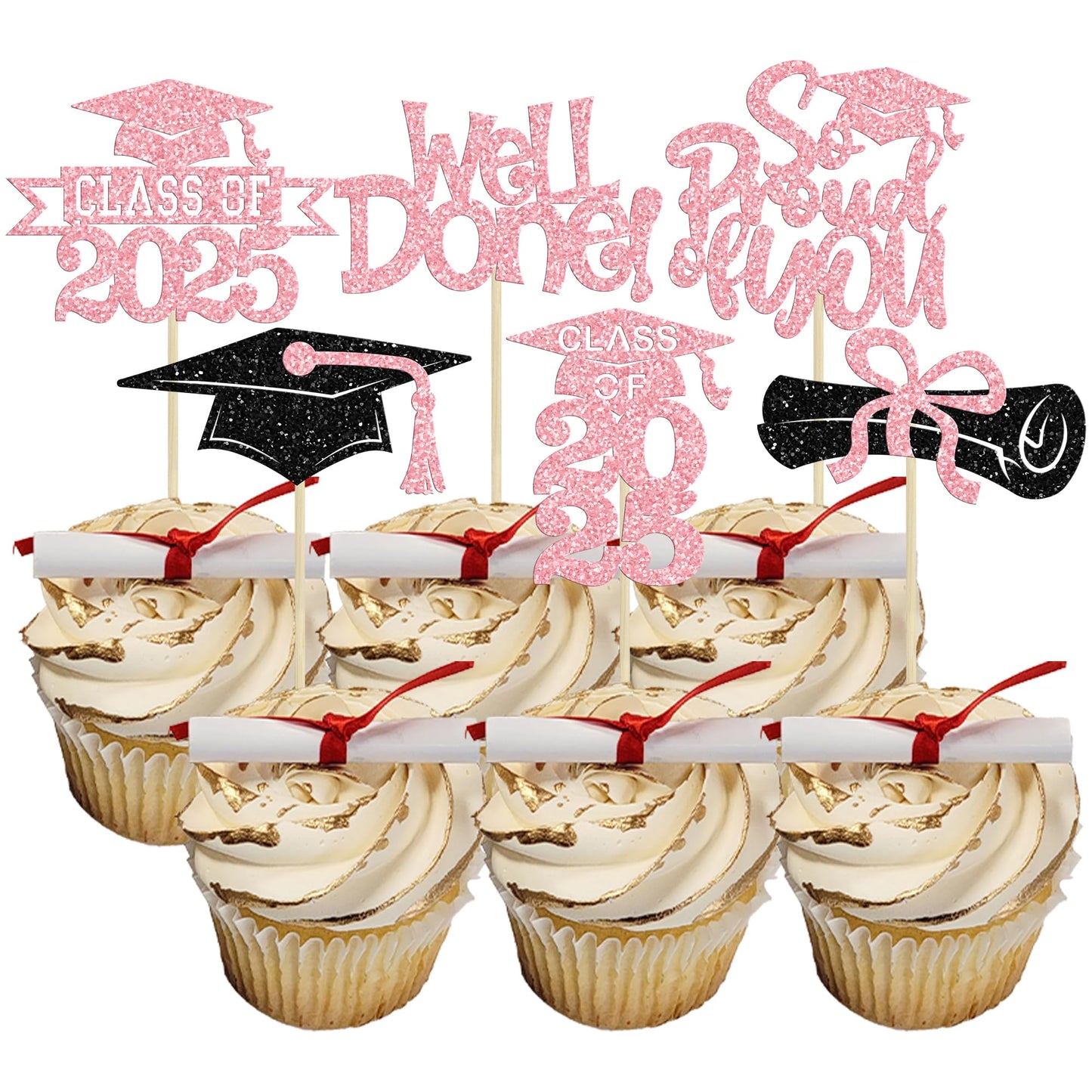 Gyufise Cupcake Toppers 24Pcs Glitter Congrats Grad 2025 Paper Pink Decorations
