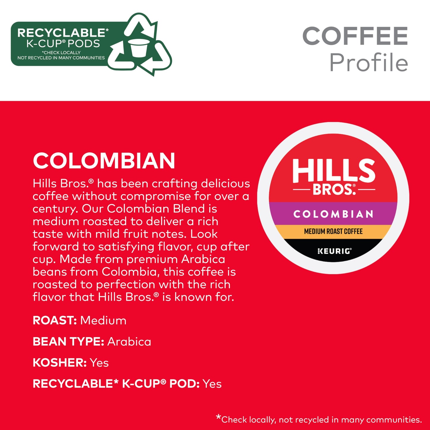 Hills Bros. Colombian Coffee, Single Serve Keurig K-Cup Pods, Medium Roast Coffee, 12-Count Box