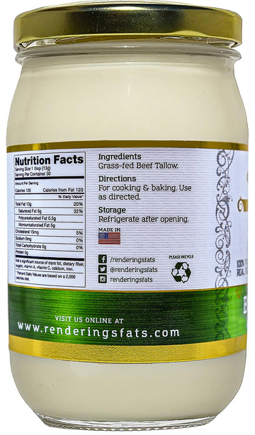 Renderings Beef Tallow, 100% Grass-Fed & Finished, Cooking, Baking and Frying, 14 oz jar