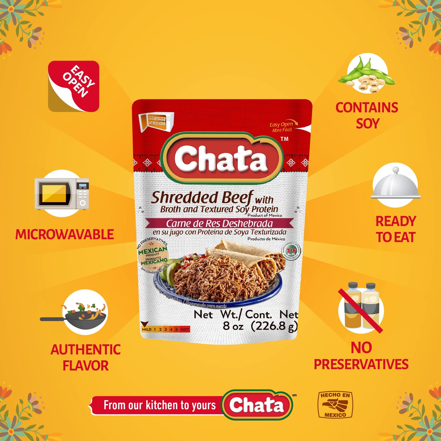 Chata Shredded Beef Pouch, Practical & Savory Shredded Beef, Ready-To-Eat, No Preservatives, 8 Oz (Pack Of 1)