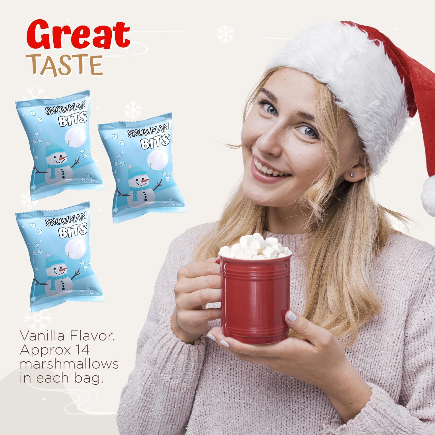 4Es Novelty 50 Packs Snowman Bits Mini Marshmallow Packets  Vanilla Flavored  14 Marshmallows in Each Bag  Bulk Individually Wrapped Christmas Marshmallows For Hot Chocolate Bar Supplies Party