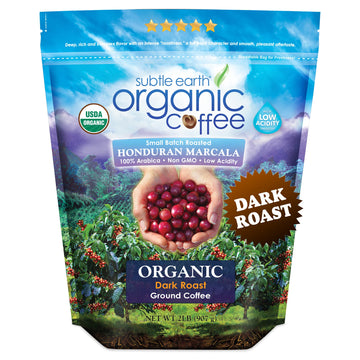 Subtle Earth Organic Coffee - Dark Roast - Whole Bean Coffee - 100% Arabica Beans - Low Acidity and Non-GMO - 2lb bag