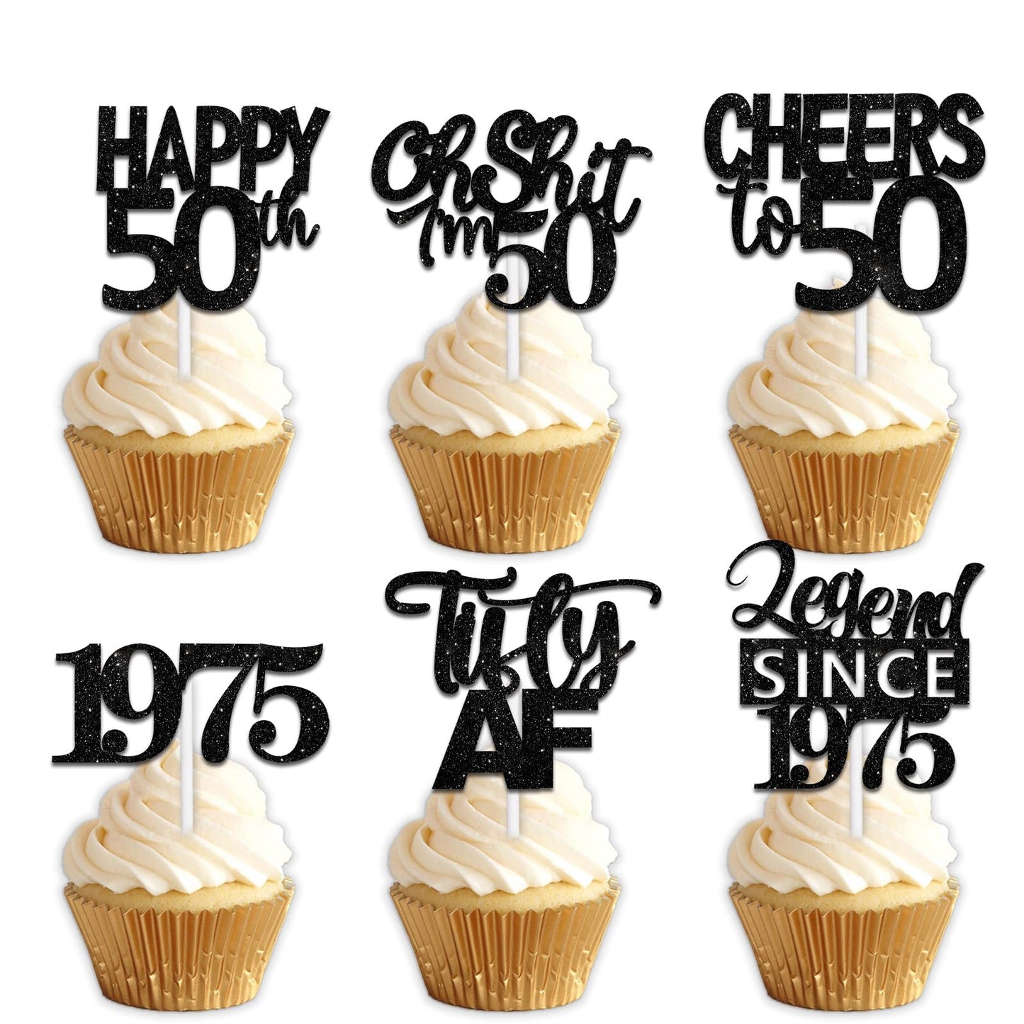 18pcs Black Glitter Happy 50th Dessert Cupcake Topper Pick for Funny Legend Since 1998 Theme Decor Supplies Men Women Happy 50 B