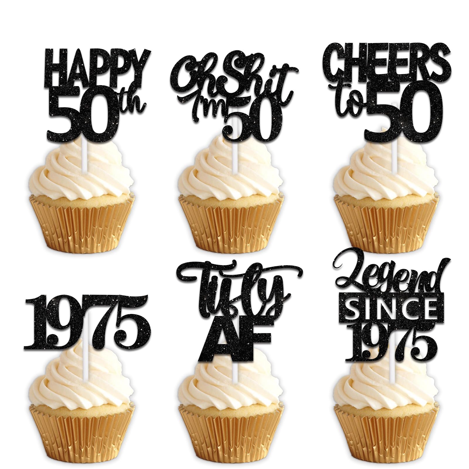18pcs Black Glitter Happy 50th Dessert Cupcake Topper Pick for Funny Legend Since 1998 Theme Decor Supplies Men Women Happy 50 B