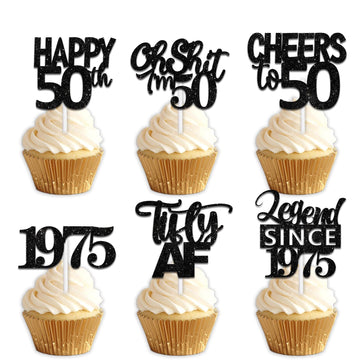 18pcs Black Glitter Happy 50th Dessert Cupcake Topper Pick for Funny Legend Since 1998 Theme Decor Supplies Men Women Happy 50 B