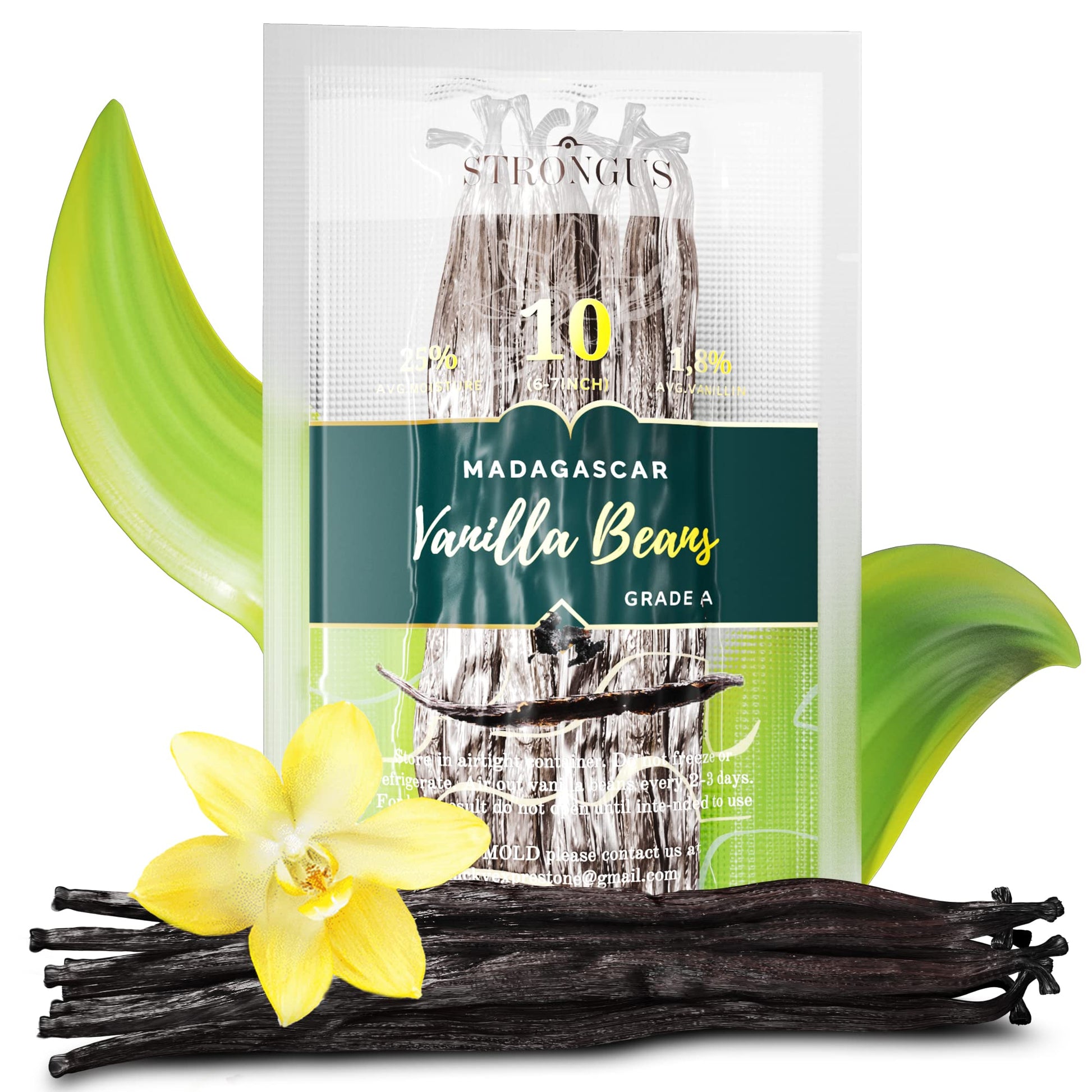 Strongus Madagascar Vanilla Beans - Vacuum Sealed Grade A Vanilla Pods - Rich, Creamy Flavor & Aroma - Ingredients For Baking, H