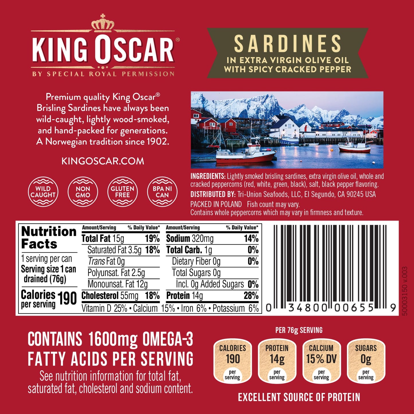King Oscar Sardines in Extra Virgin Olive Oil with Spicy  ed Pepper, 3.75 oz Can, Wild Caught, Model 3480000655