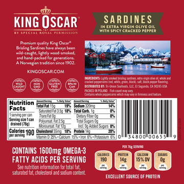 King Oscar Sardines in Extra Virgin Olive Oil with Spicy  ed Pepper, 3.75 oz Can, Wild Caught, Model 3480000655