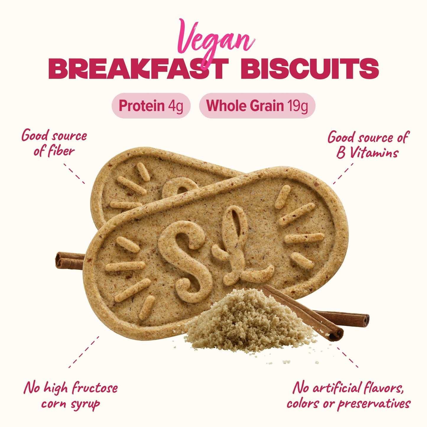 Sweet Lorens Vegan Breakfast Biscuits | Cinnamon Sugar | 4g Protein, 19g Whole Grains | Plant Based, Gluten Free, Dairy Free, N