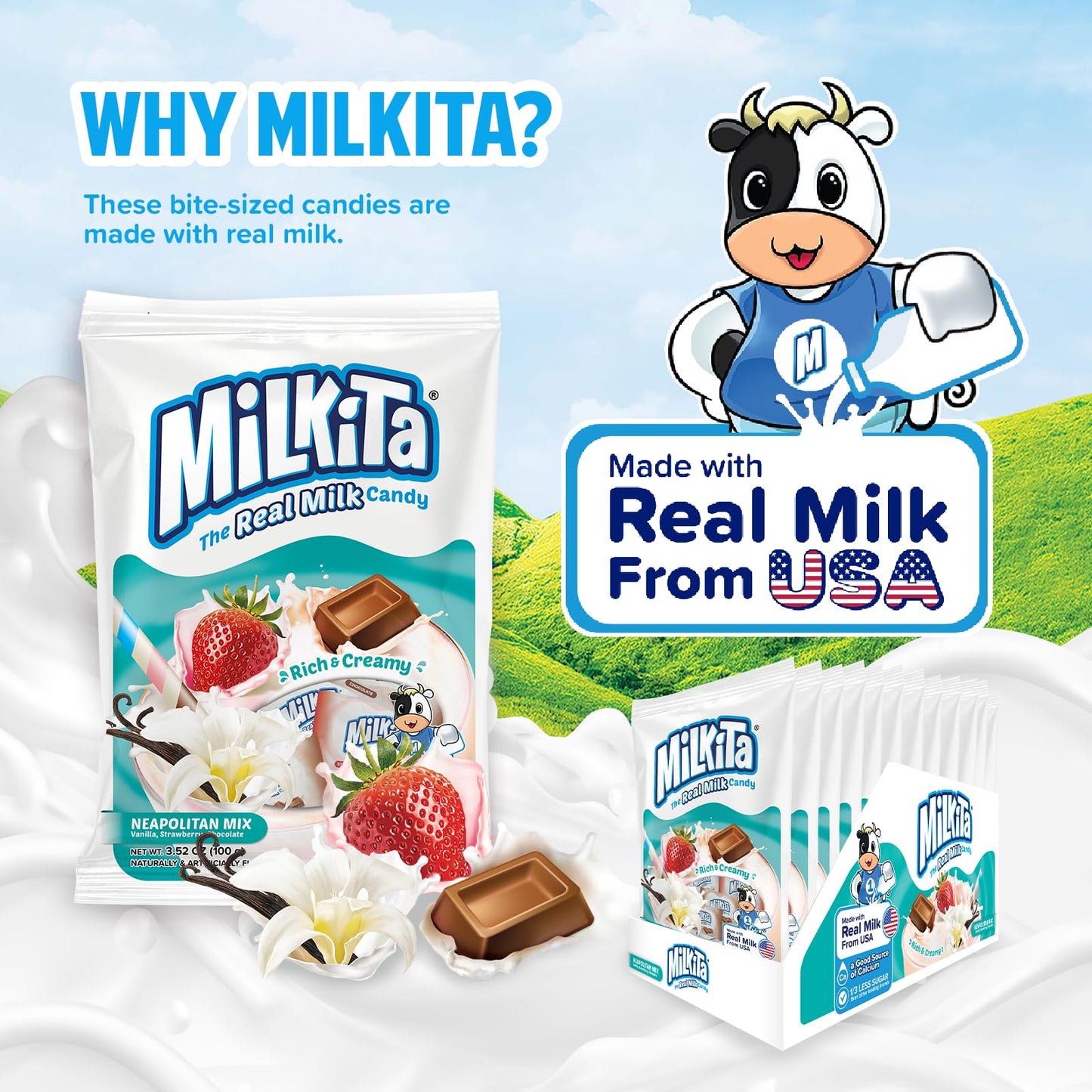 Milkita Creamy Shake Candy Bag, Gluten Free Chewy Candies With Calcium & Real Milk, Zero Trans Fat, Low-Sugar, Neapolitan Flavors (Vanilla, Strawberry, Chocolate), 30 Pcs