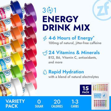 Zipfizz Daily Energy Drink Powder Variety Pack, 15 Count | Sugar-Free, Electrolyte Powder, Contains Vitamin B-12 & Antioxidants