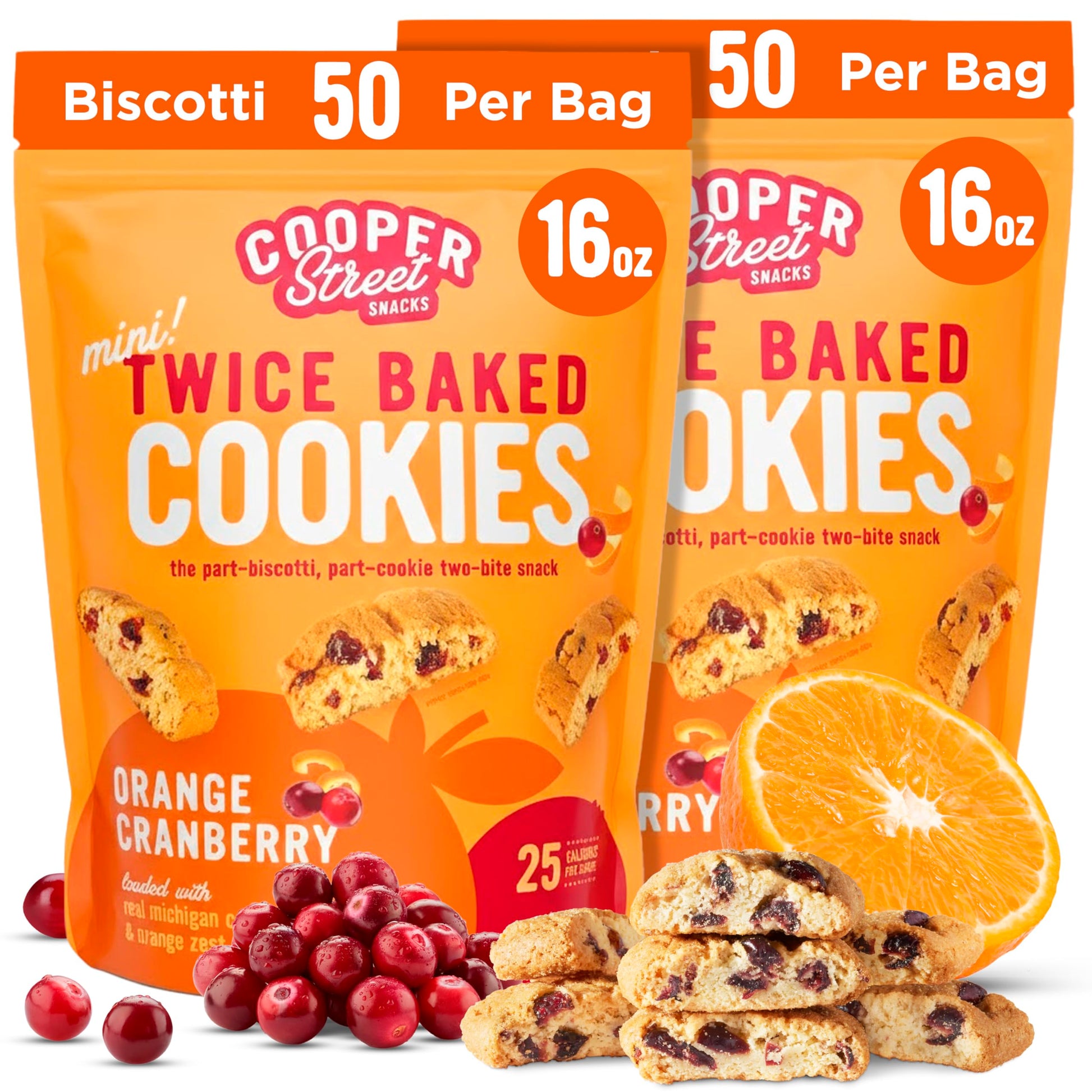 Cooper Street Twice-Baked Orange Cranberry Biscotti Cookies (16 oz - Pack of 2) - Over 50 Biscotti per Bag Loaded with Real Frui