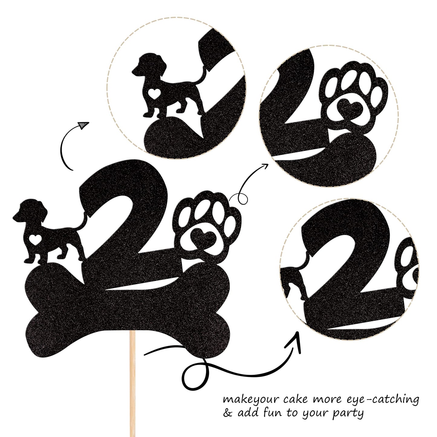 1 Pcs 2Nd Birthday Cake Topper Black Glitter Dog Paw Two Years Old Birthday Puppy Dog Bone Cake Pick For Let'S Pawty Baby Shower