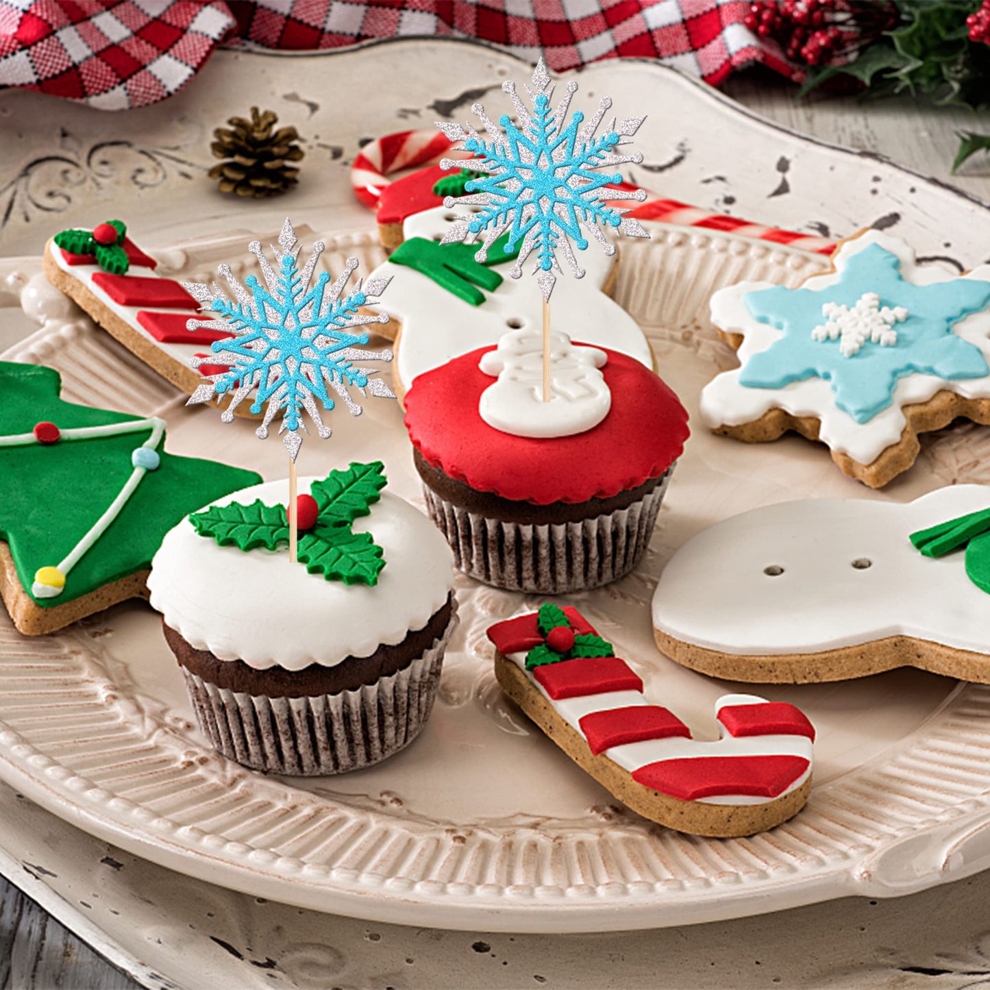 24 Pcs Snowflake Cupcake Toppers Assemble Glitter Double Layers Winter Snowflake Cupcake Picks For Winter Wonderland Baby Shower