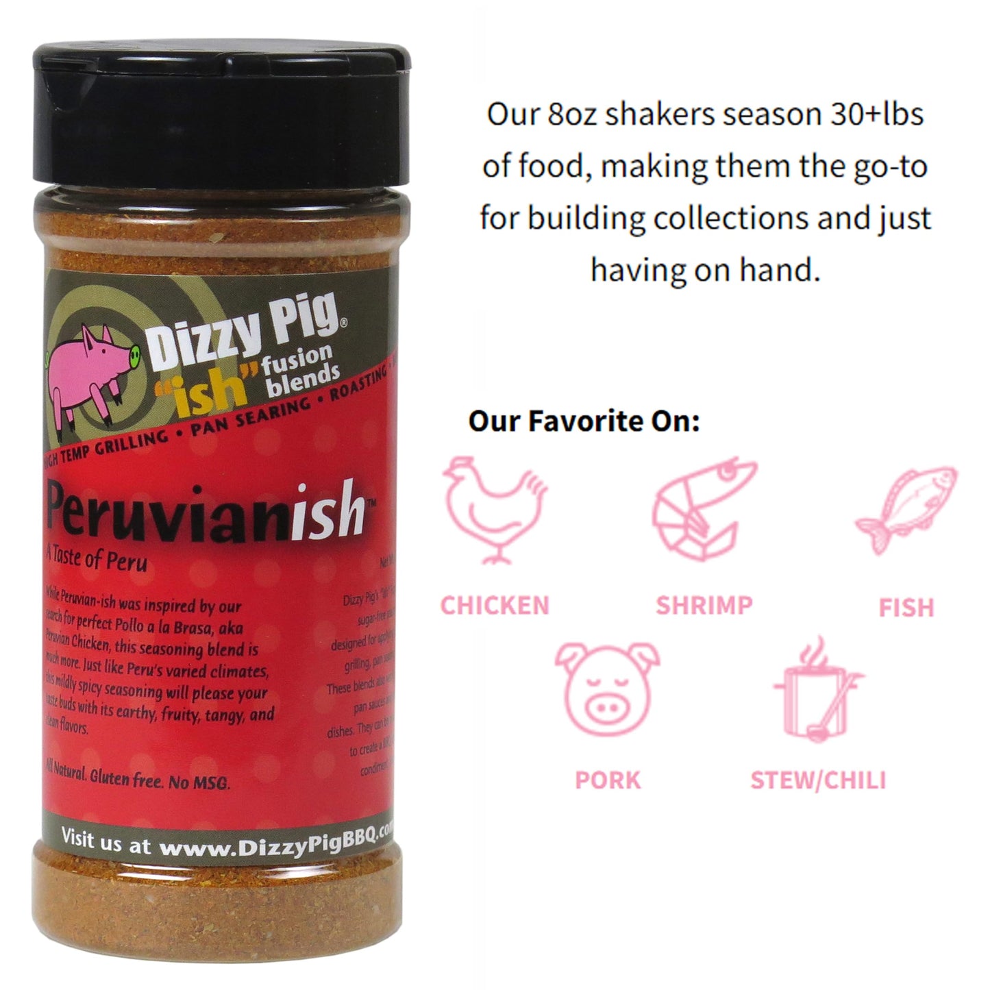 Dizzy Pig Peruvian-ish Seasoning - Hand Made, MSG Free, Gluten Free - 8oz Shaker