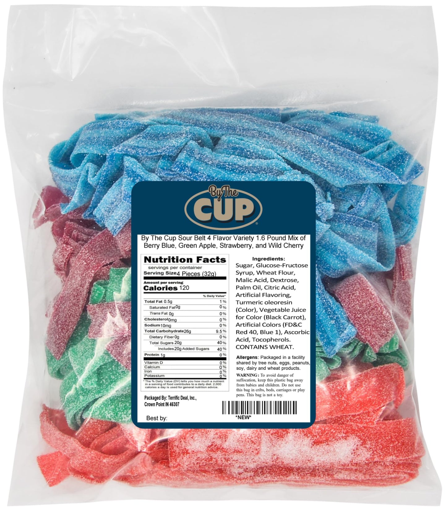 By The Cup Sour Belt 4 Flavor Variety 1.6 Pound Mix Of Berry Blue, Green Apple, Strawberry, And Wild Cherry