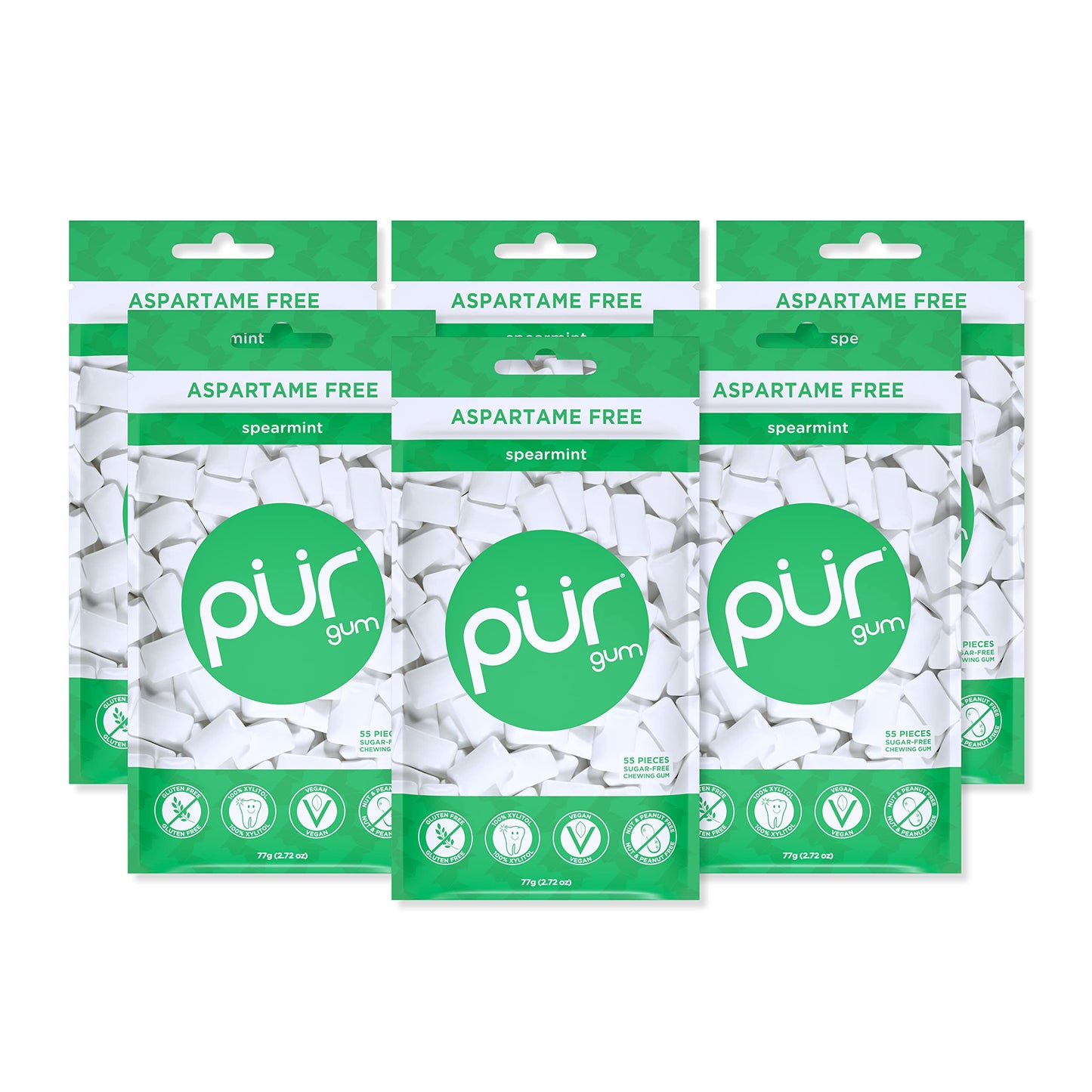 Pur Gum | Aspartame Free Chewing Gum | 100% Xylitol | Natural Spearmint Flavored Gum, 55 Pieces (Pack Of 6)