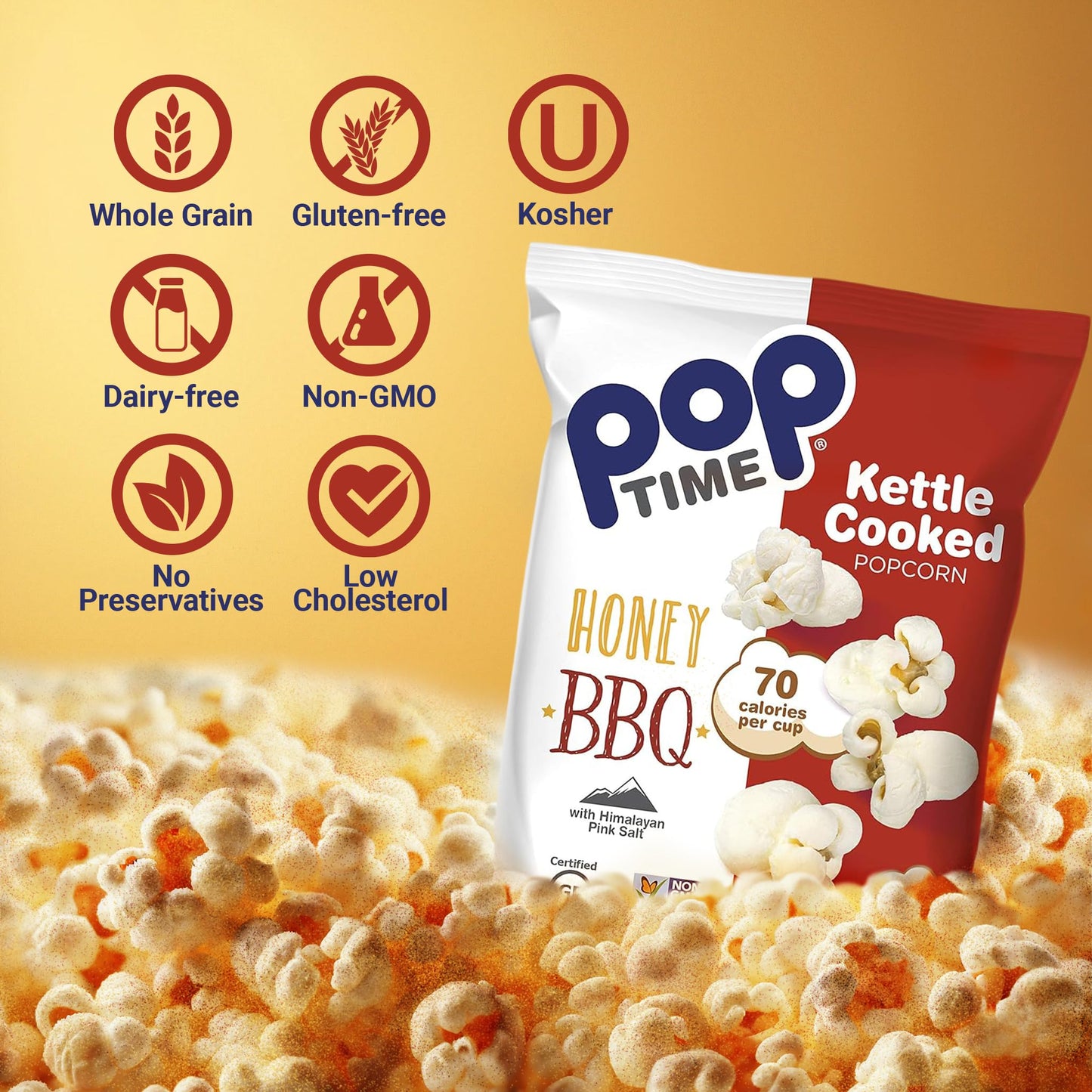 Poptime Kettle Cooked Popcorn - Honey Bbq, 7Oz Bags (Pack Of 12), Non-Gmo, Gluten Free, Dairy Free, Kosher, Whole Grain, Low Cho
