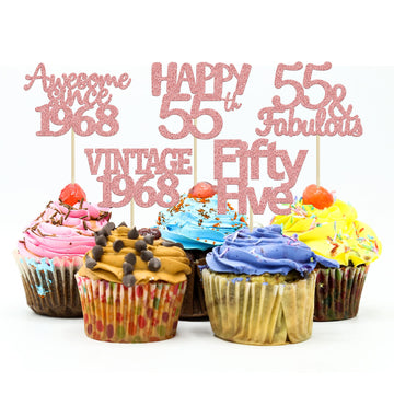 Gyufise 30Pcs Rose Gold 55Th Birthday Cupcake Toppers Glitter Awesome Since Vintage 1968 Fifty Five 55 Fabulous Cheers To 55 Yea