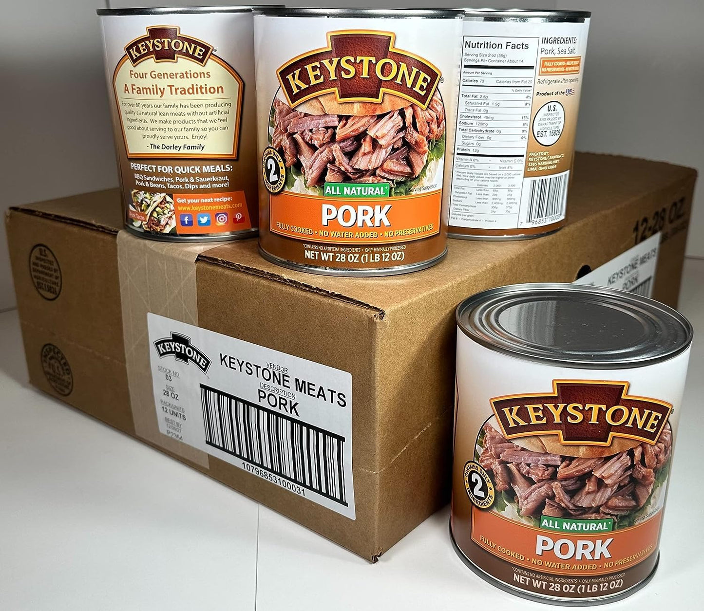Keystone Meats All Natural Heat and Serve Canned Pork, 28 oz - Fully Cooked and Ready to Eat - Shelf Stable for 5 Years - Canned