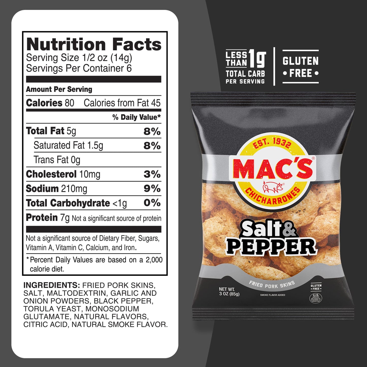 Macs Salt and Pepper Fried Pork Skins - Salt & Pepper Flavored Chicharrones Pork Rinds - Low Carb, Gluten-Free, Keto-Friendly S