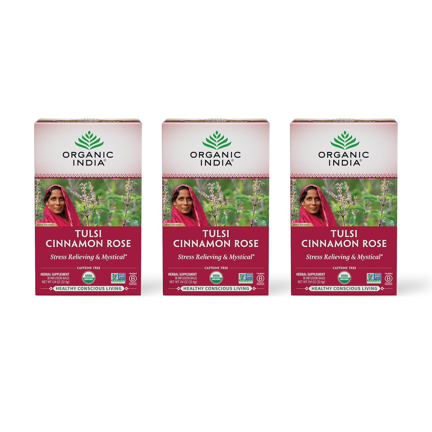 ORGANIC INDIA Tulsi Rose Tea Bags with Cinnamon - Caffeine Free, 18 Infusion Bags, 3 Pack, Berry Color