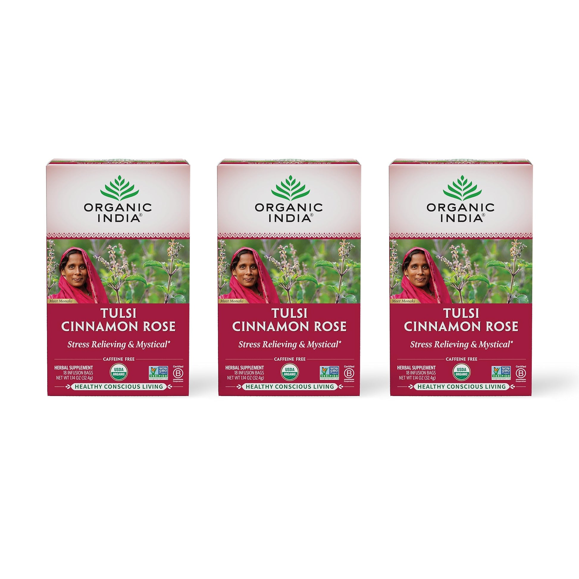 ORGANIC INDIA Tulsi Rose Tea Bags with Cinnamon - Caffeine Free, 18 Infusion Bags, 3 Pack, Berry Color