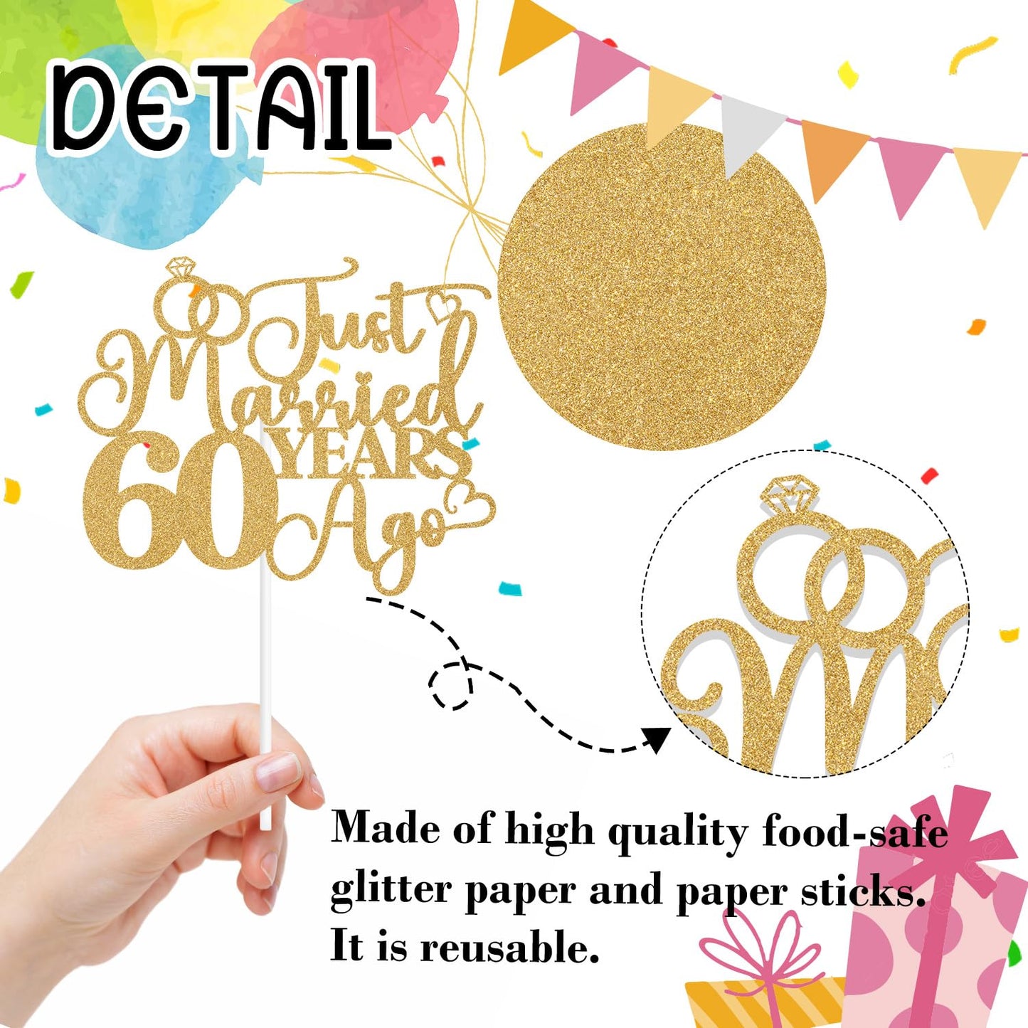 Just Married 60 Years Ago Cake Topper, 60Th Anniversary Cake Decor, 60 Years & Loved, Happy 60Th Wedding Anniversary Party Decor