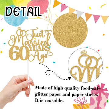 Just Married 60 Years Ago Cake Topper, 60Th Anniversary Cake Decor, 60 Years & Loved, Happy 60Th Wedding Anniversary Party Decor