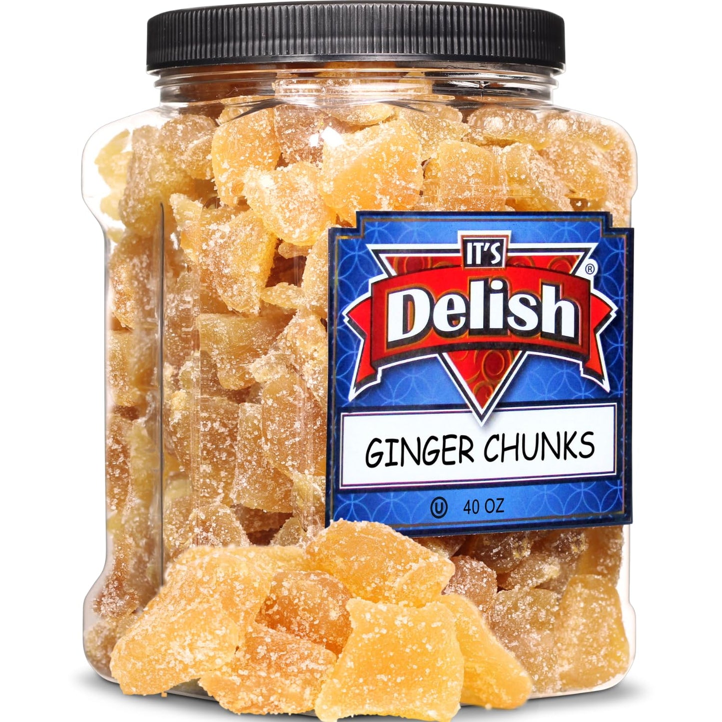 Crystallized Ginger Chunks by It's Delish, 2.5 Lb Jumbo Reusable Container | Candied Dried Ginger Fruit Chews Natural Candy, Gin
