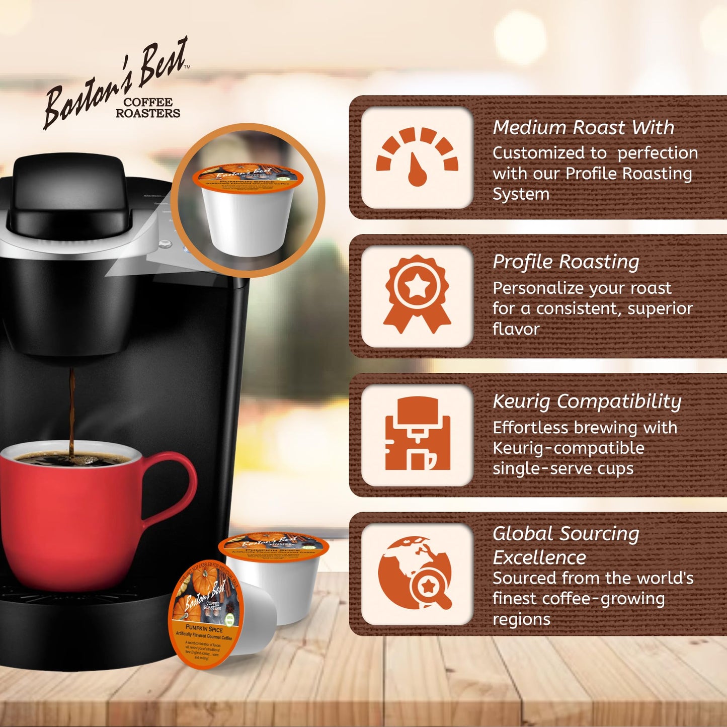 Bostons Best Pumpkin Spice Coffee, Medium Roast, 144 Single Serve Cups, Compatible with Keurig Coffee Maker