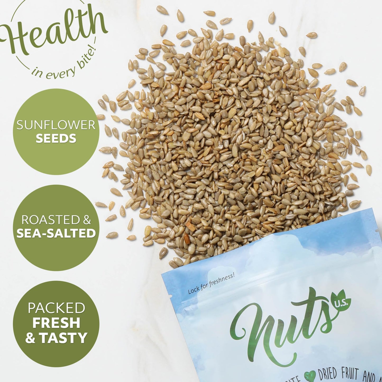 NUTS U.S. Sunflower Seeds, Roasted & Sea-Salted, No Added Colors, 2 LB Resealable Bag