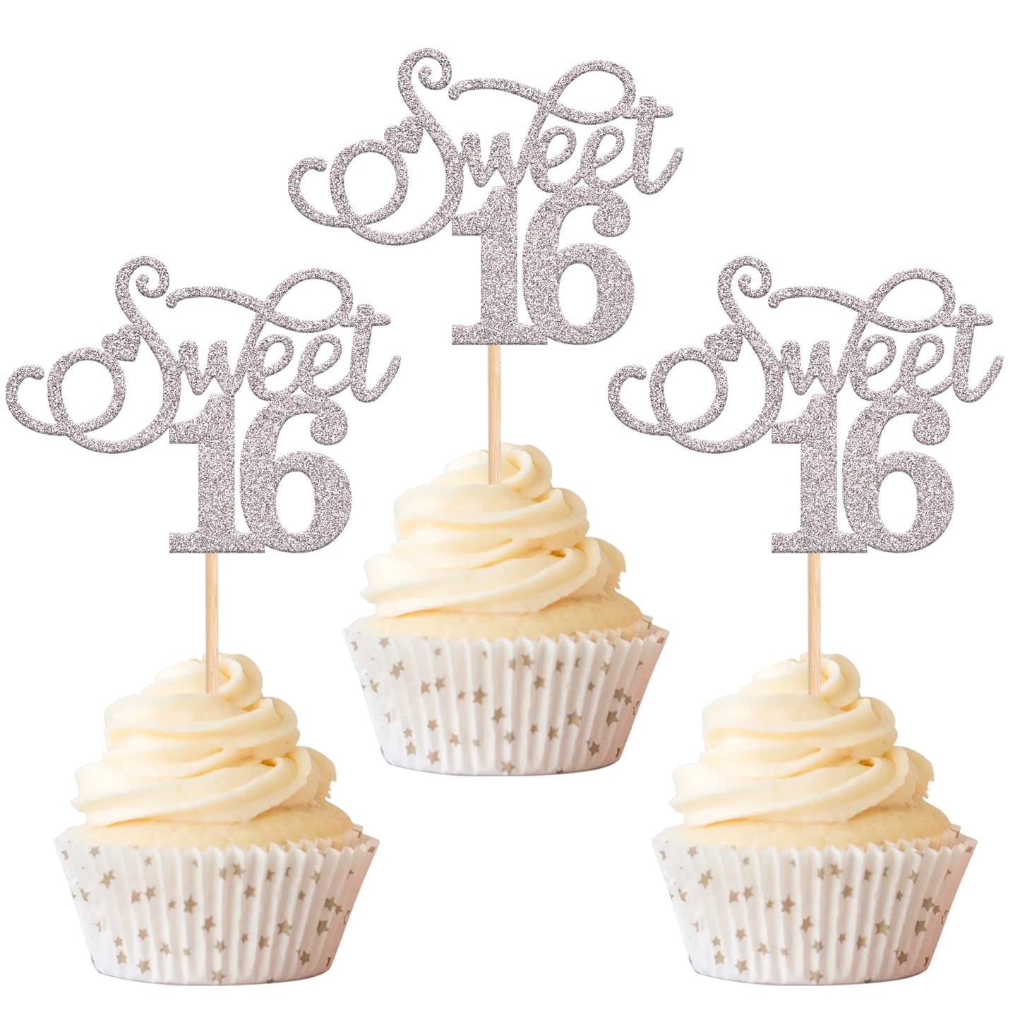 Rsstarxi Cupcake Toppers, 30 Pack Glitter Love Heart for 16th Birthday, Silver, Model XM201